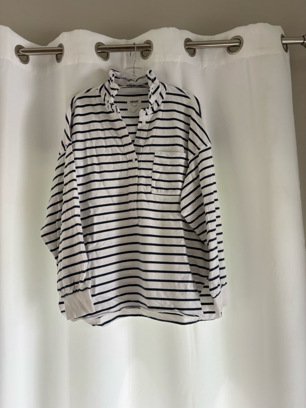 Aerie Striped Button Henley Pullover - Navy & White